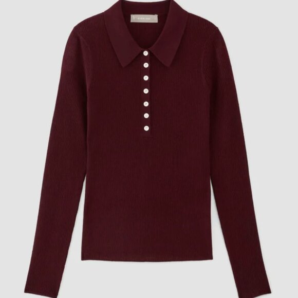 NWT Everlane The Ultrafine Merino Ribbed Long-Sleeved Polo (Burgundy) - Picture 1 of 3